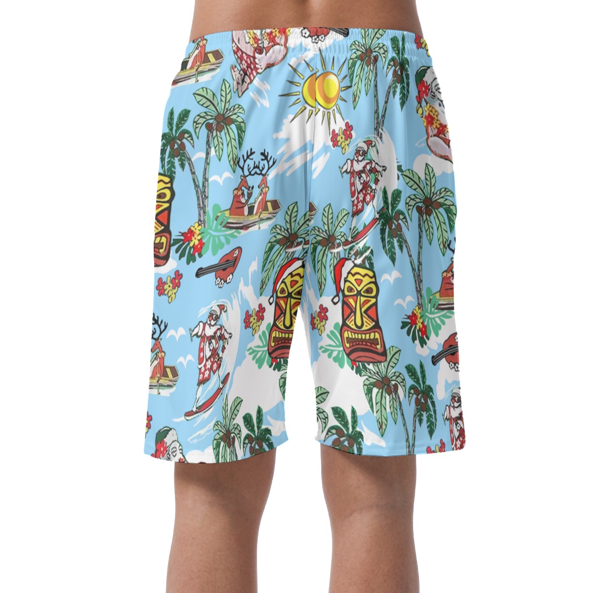 Reindeer And Santa Claus Tropical Blue Aloha Beach Shorts For Men