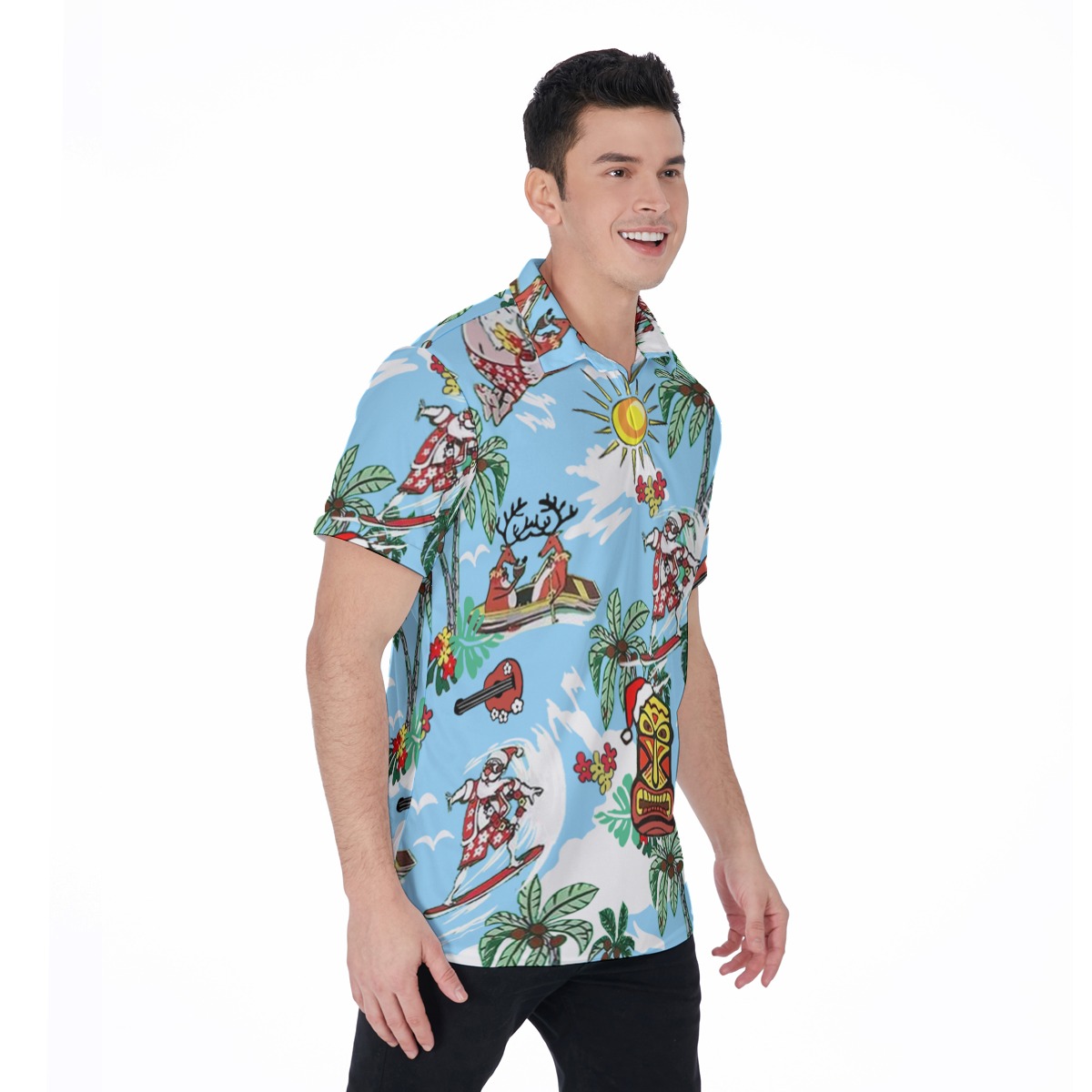 Reindeer And Santa Surfing Hawaiian Polo Shirt