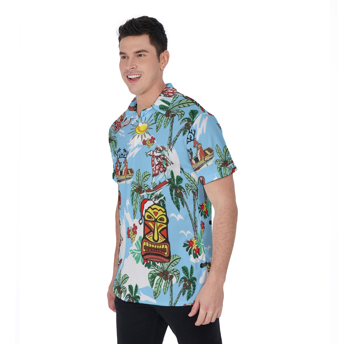 Reindeer And Santa Surfing Hawaiian Polo Shirt