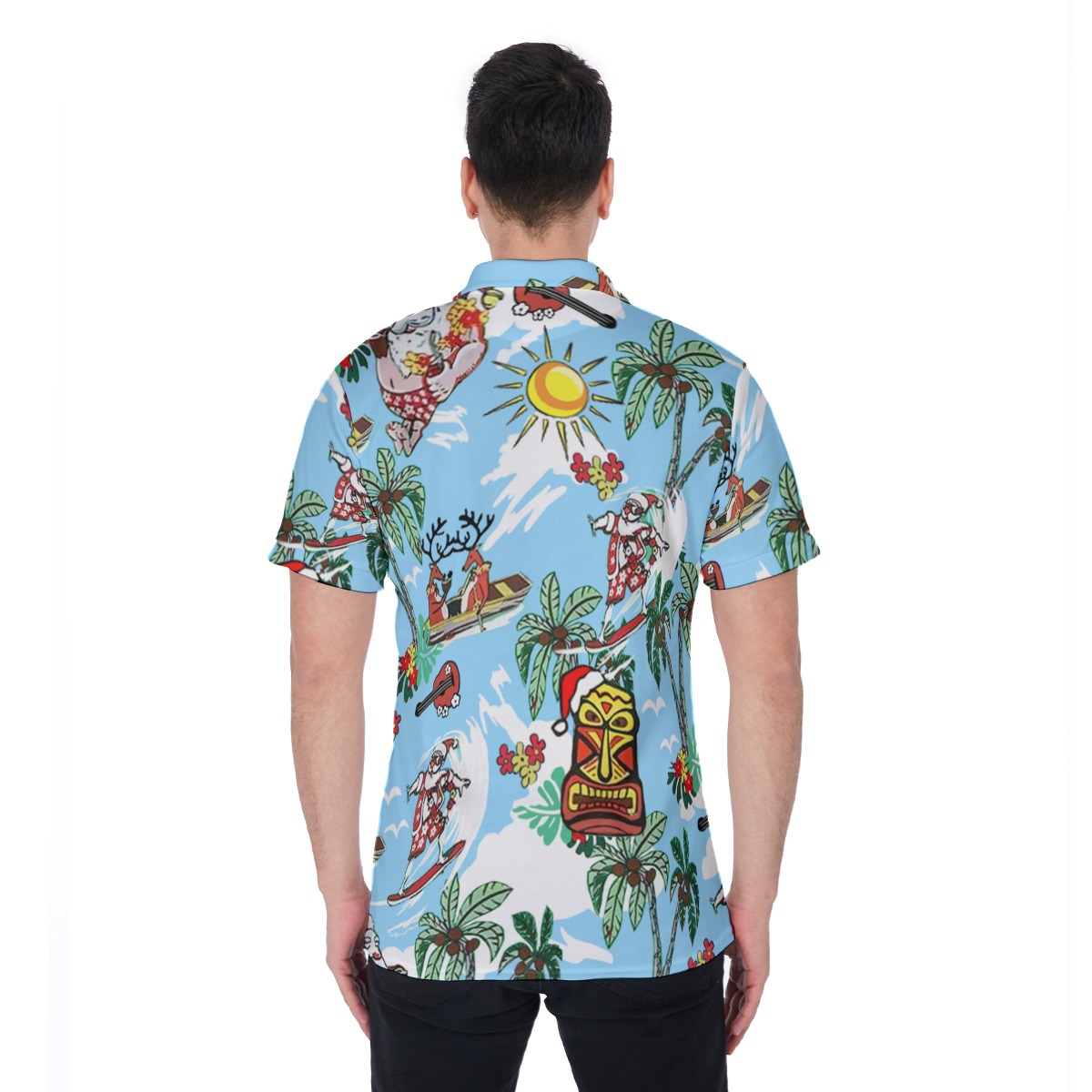 Reindeer And Santa Surfing Hawaiian Polo Shirt