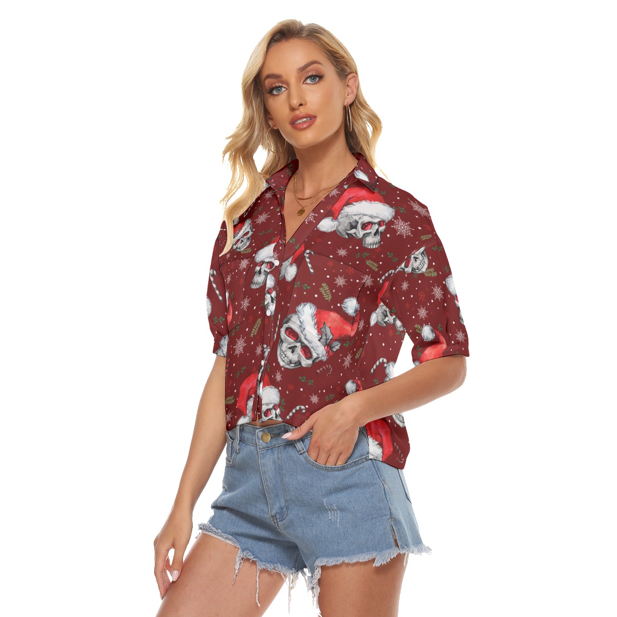 Christmas Skull Aloha V-Neck Shirt For Women