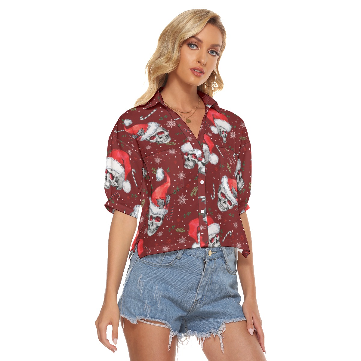 Christmas Skull Aloha V-Neck Shirt For Women