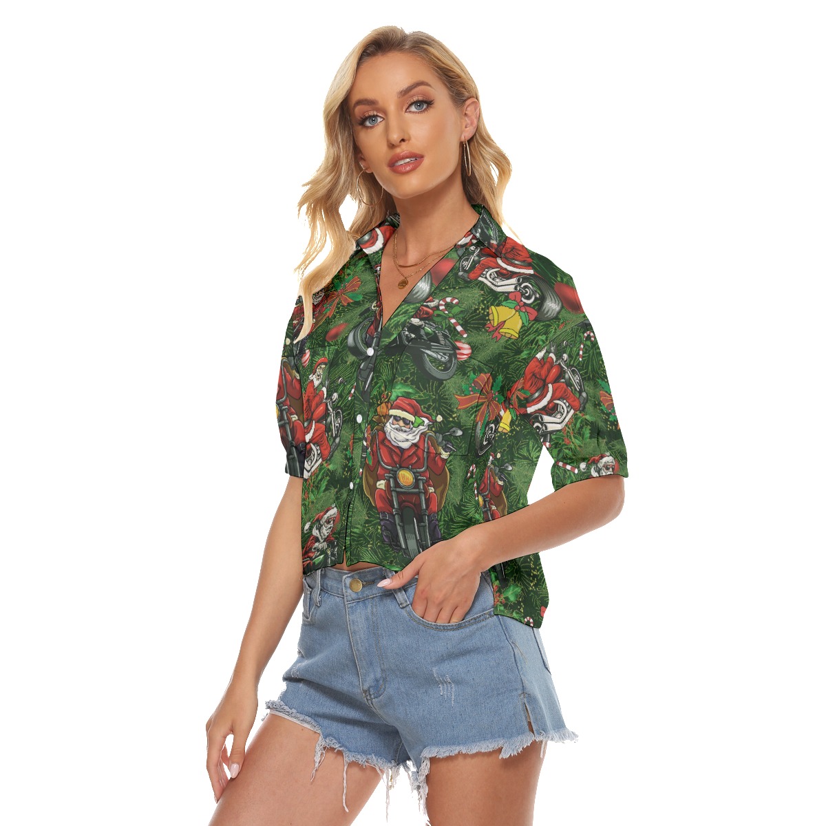 Amazing Santa Biker Hawaiian Crop Top Shirt For Women