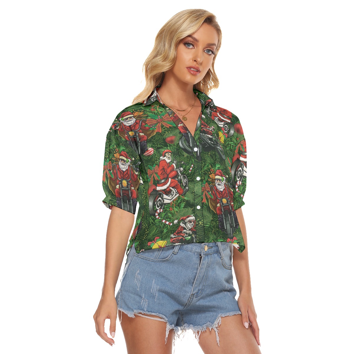 Amazing Santa Biker Hawaiian Crop Top Shirt For Women