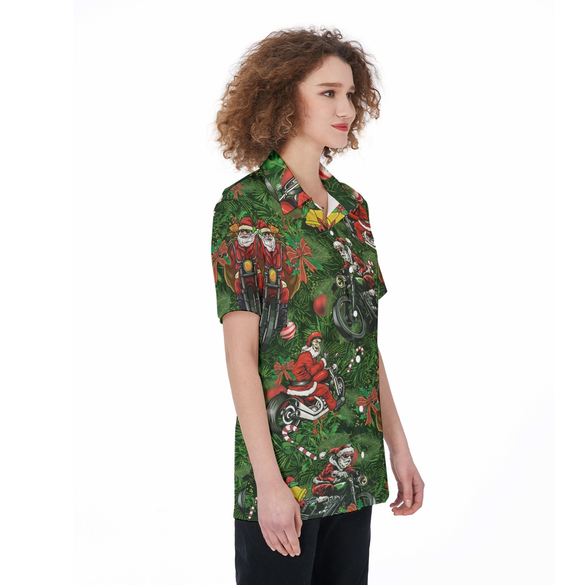 Funny Santa Claus Riding Motorcycle Aloha Button Up Shirt For Women