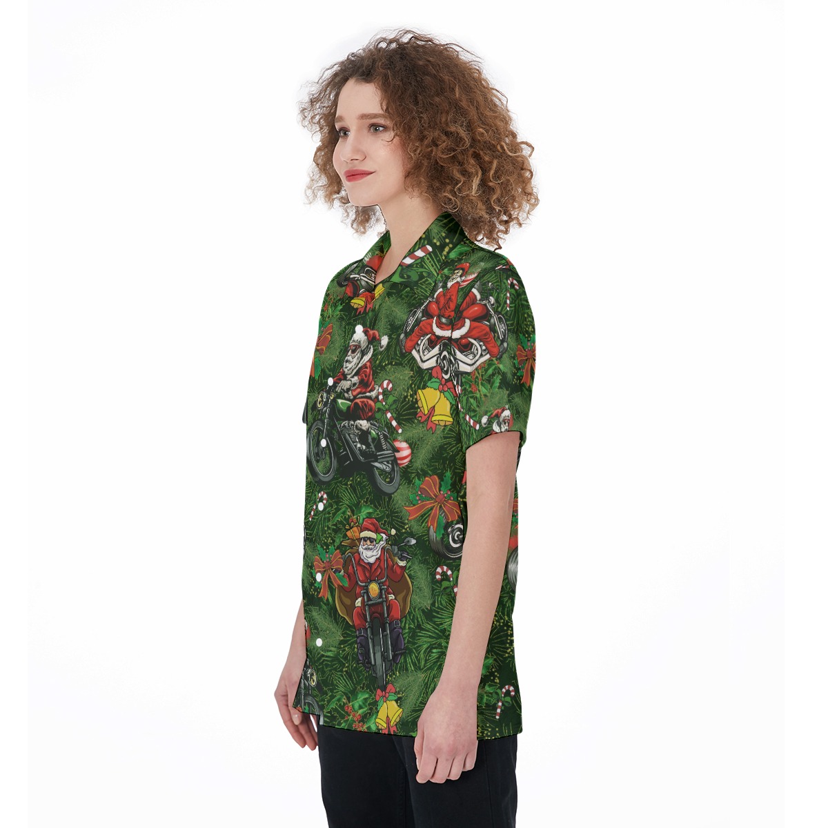 Funny Santa Claus Riding Motorcycle Aloha Button Up Shirt For Women