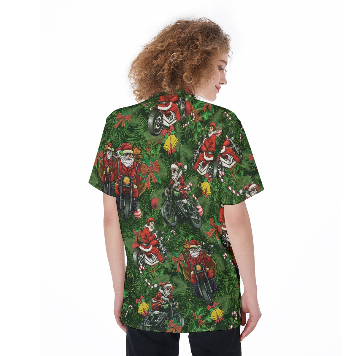 Funny Santa Claus Riding Motorcycle Aloha Button Up Shirt For Women