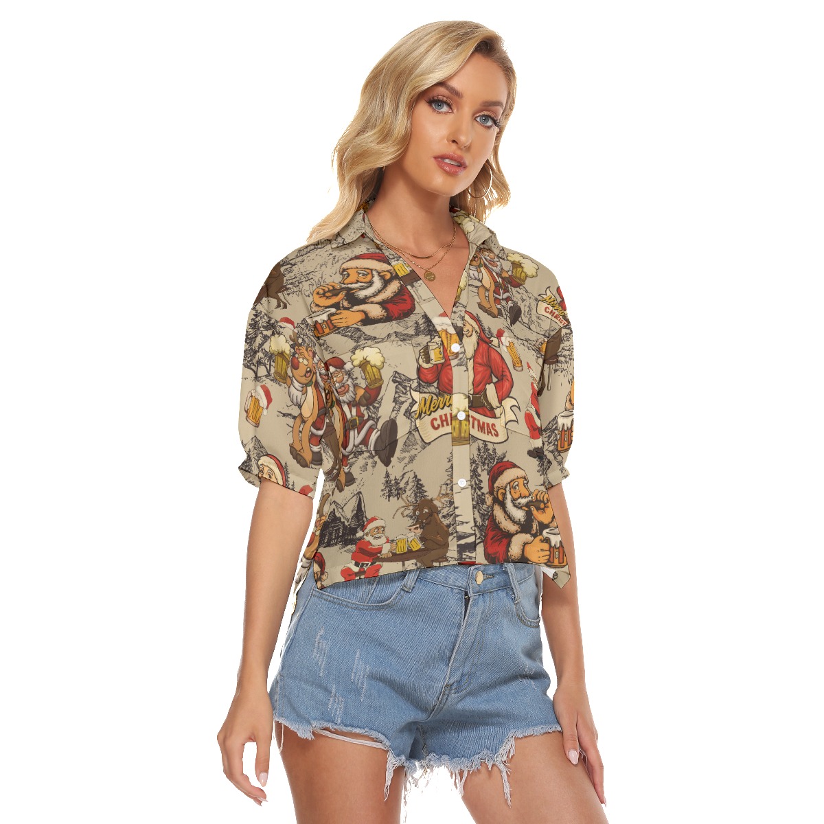 Christmas Santa Claus Beer Hawaiian Crop Top Shirt For Women
