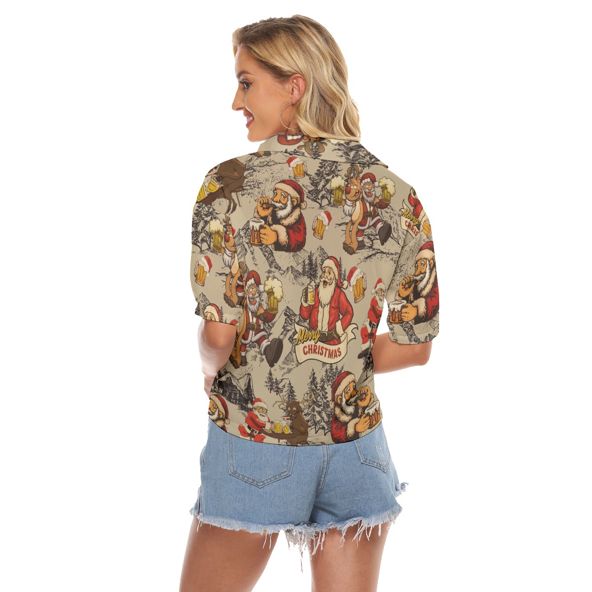 Christmas Santa Claus Beer Hawaiian Crop Top Shirt For Women