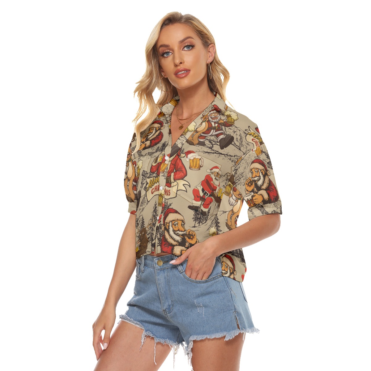 Christmas Santa Claus Beer Hawaiian Crop Top Shirt For Women