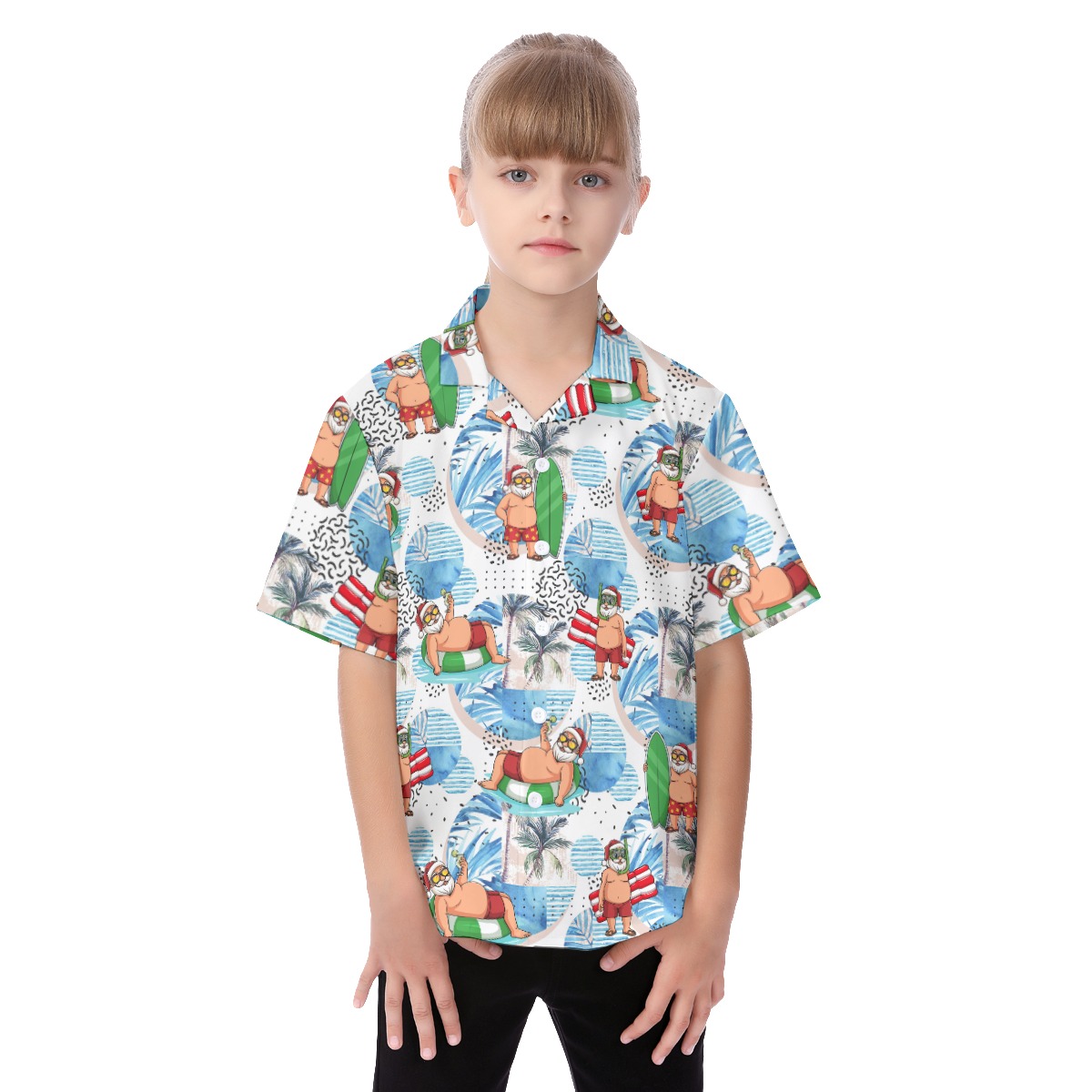 Cute Santa Claus Surfing Hawaiian Button Up Shirt For Kids - variant image 1