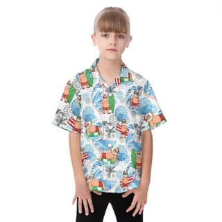 Cute Santa Claus Surfing Hawaiian Button Up Shirt For Kids
