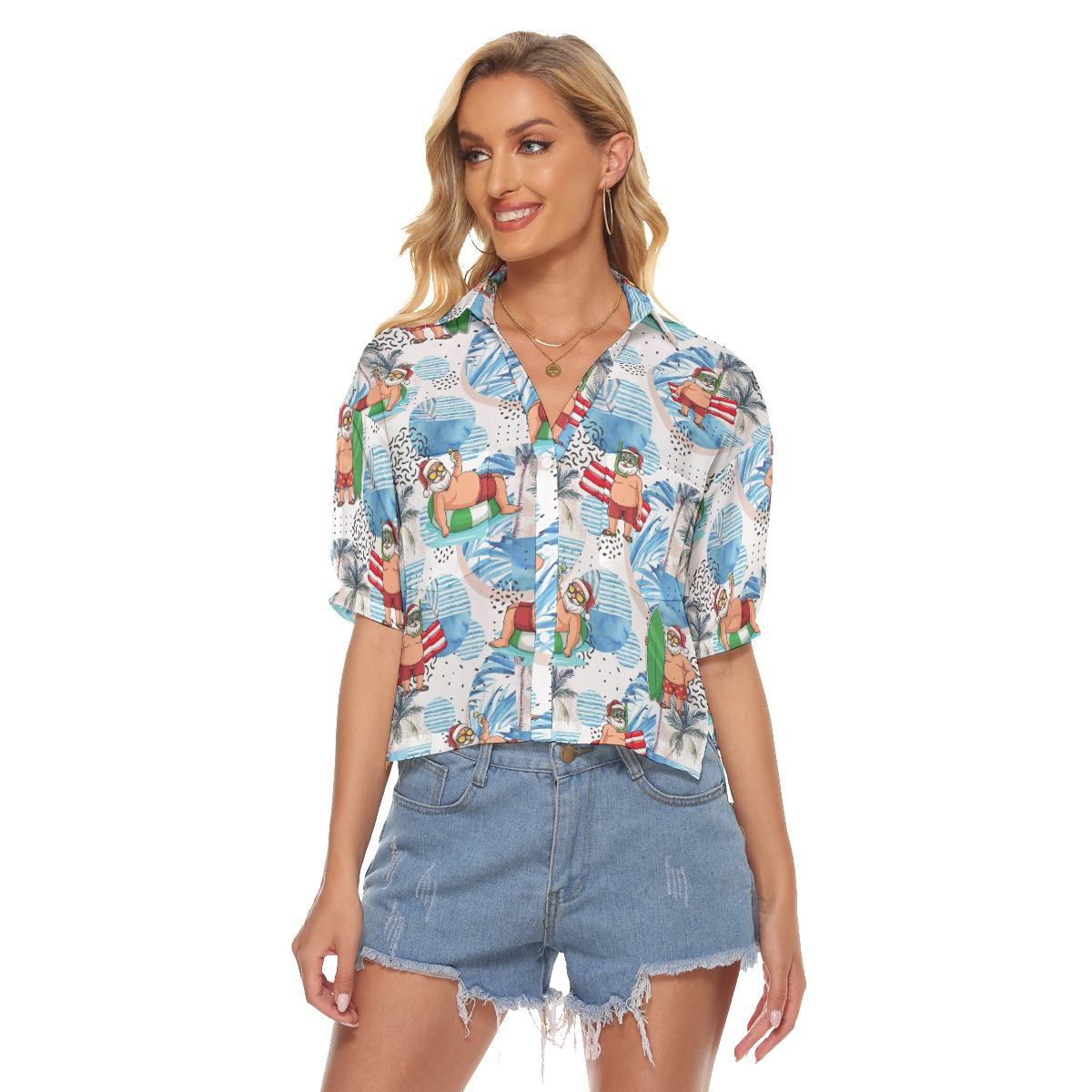 Santa Claus Surfing Hawaiian Crop Top Shirt For Women - variant image 1