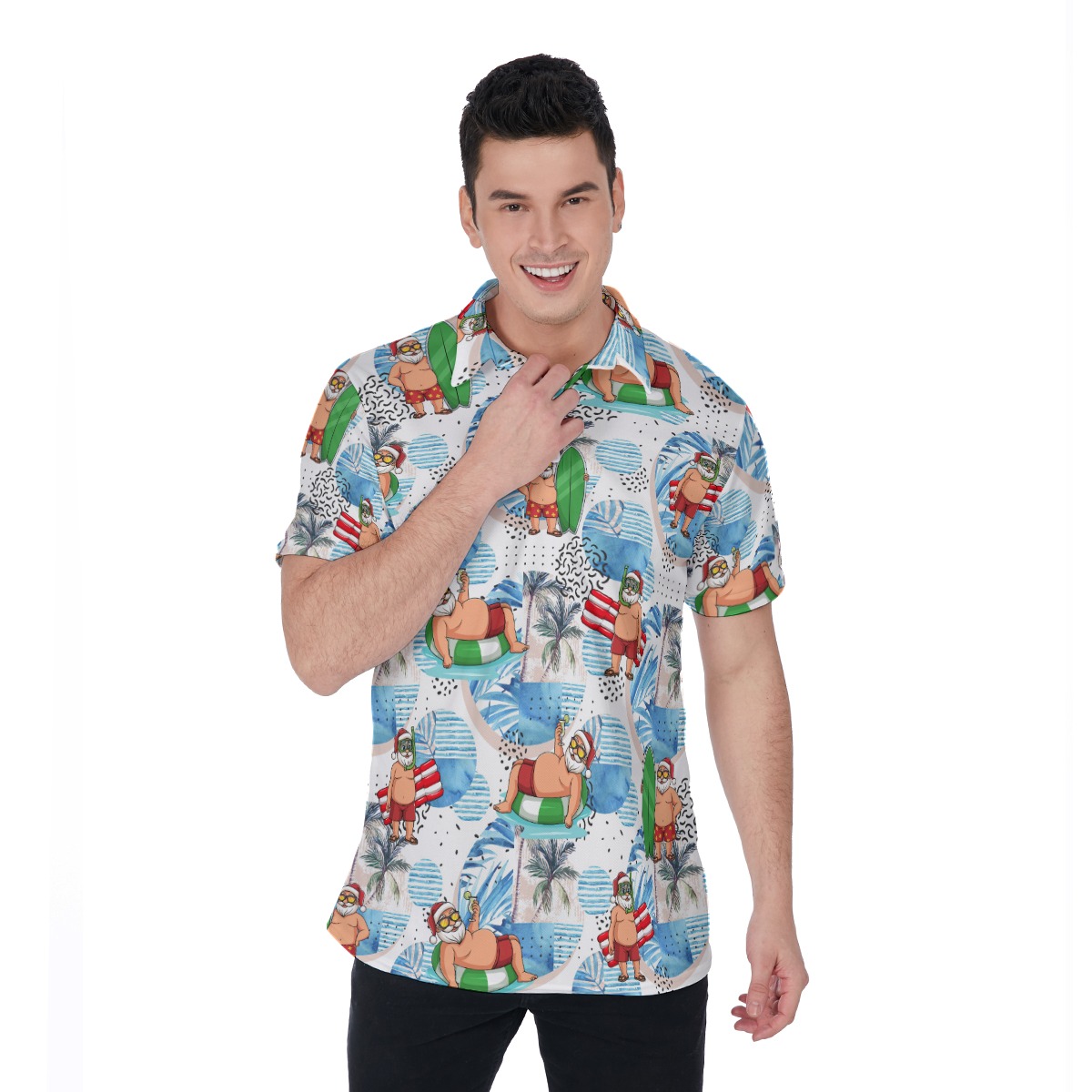 Santa Surfing White Hawaiian Polo Shirt For Men - variant image 1