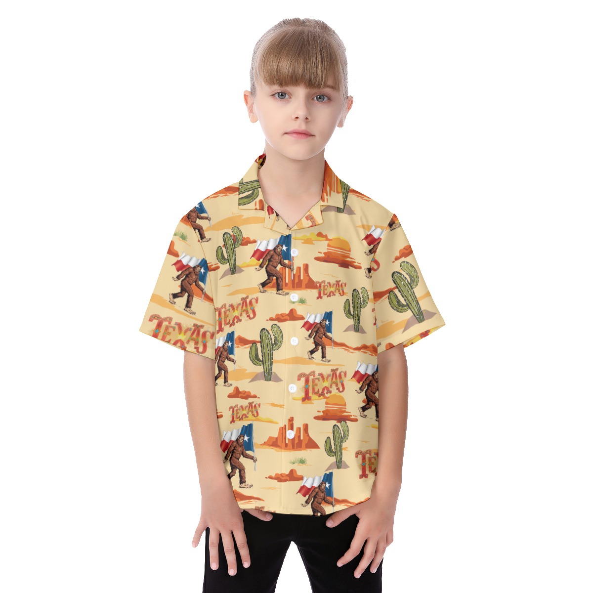 Bigfoot Texas Flag Hawaiian Button Up Shirt For Kids - variant image 1
