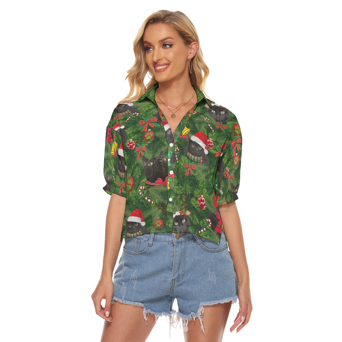 Christmas Black Cat Aloha Crop Top Shirt For Women - variant image 1