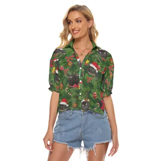 Christmas Black Cat Aloha Crop Top Shirt For Women
