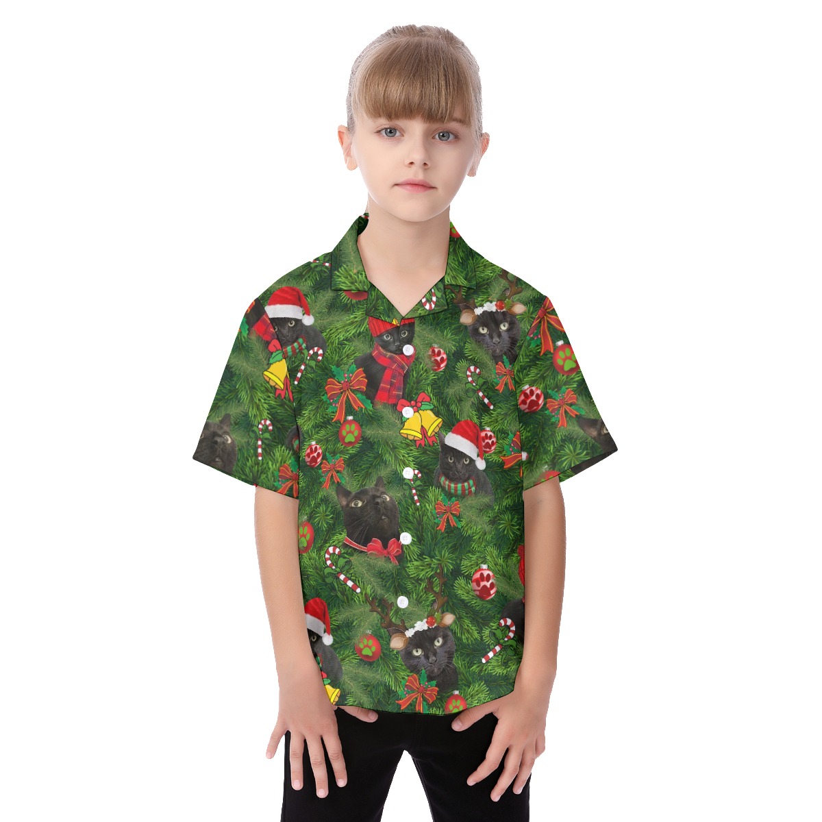 Cute Christmas Black Cat Hawaiian Shirt For Kids - variant image 1