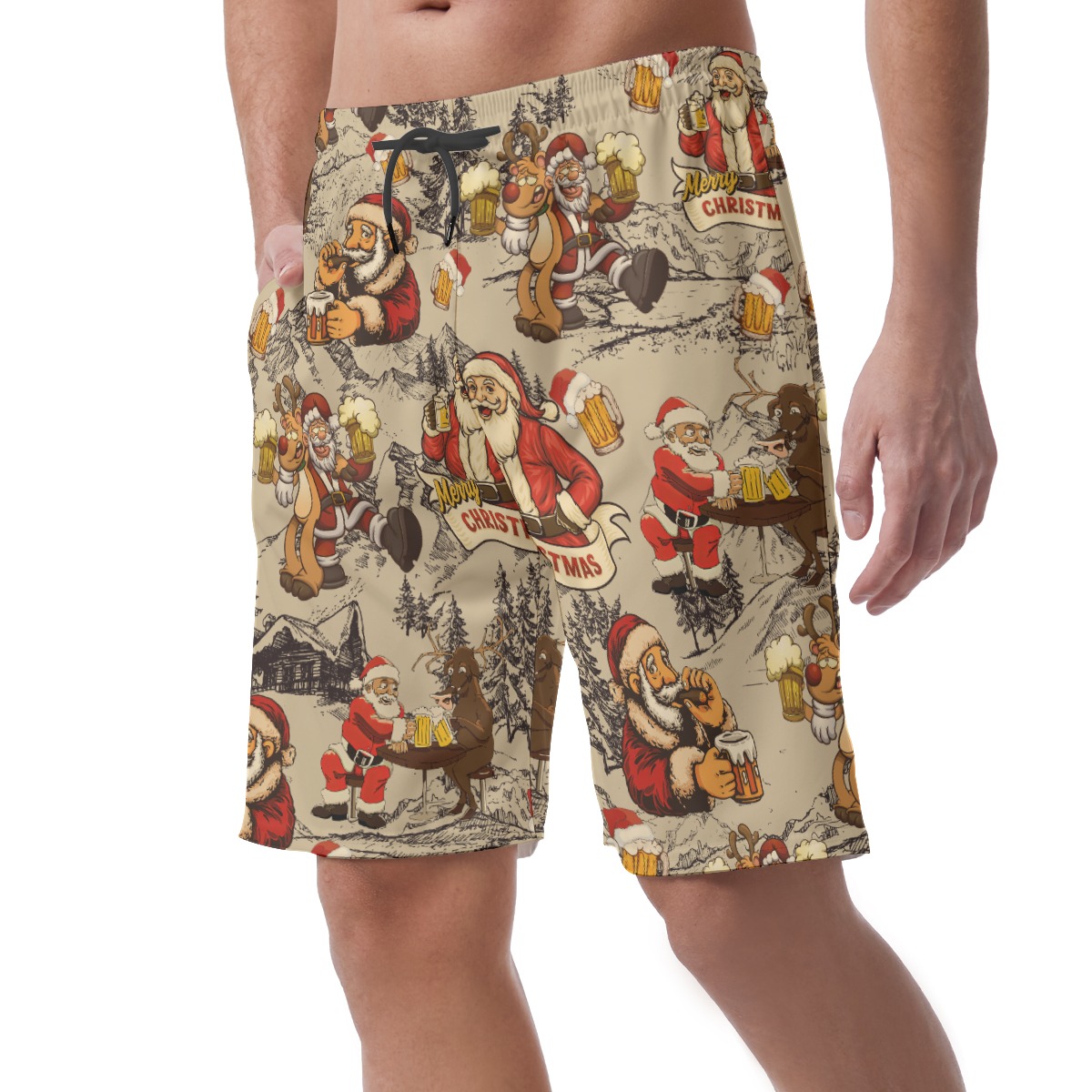 Funny Santa Claus Drinking Beer Hawaiian Beach Shorts For Men