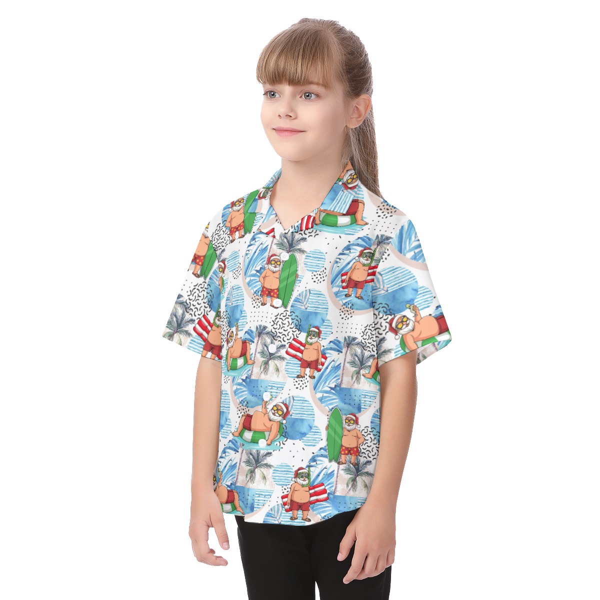 Cute Santa Claus Surfing Hawaiian Button Up Shirt For Kids