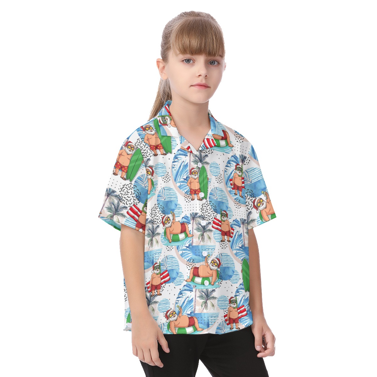 Cute Santa Claus Surfing Hawaiian Button Up Shirt For Kids