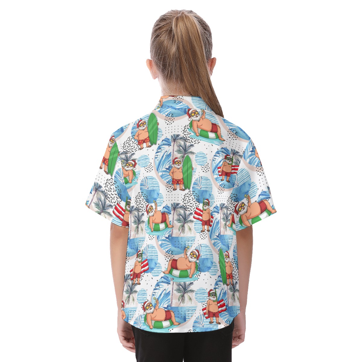 Cute Santa Claus Surfing Hawaiian Button Up Shirt For Kids