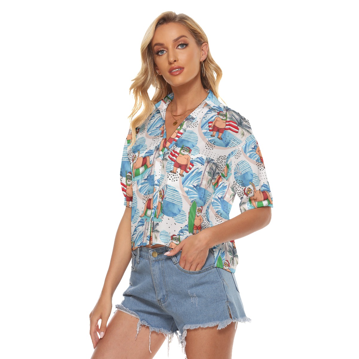 Santa Claus Surfing Hawaiian Crop Top Shirt For Women