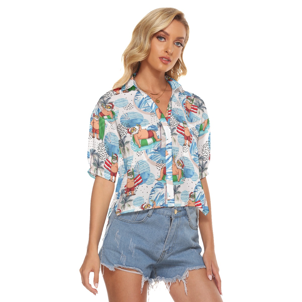 Santa Claus Surfing Hawaiian Crop Top Shirt For Women