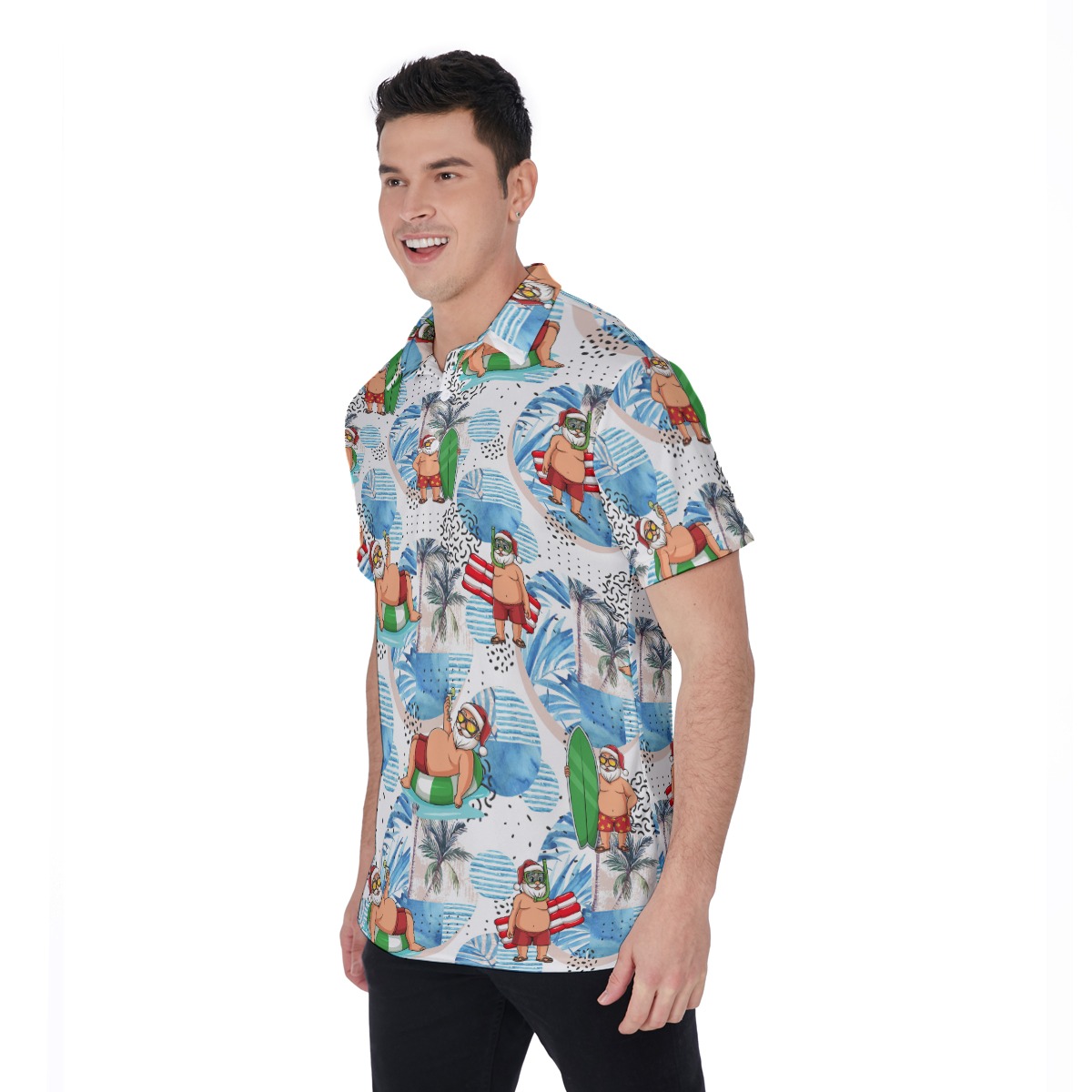 Santa Surfing White Hawaiian Polo Shirt For Men