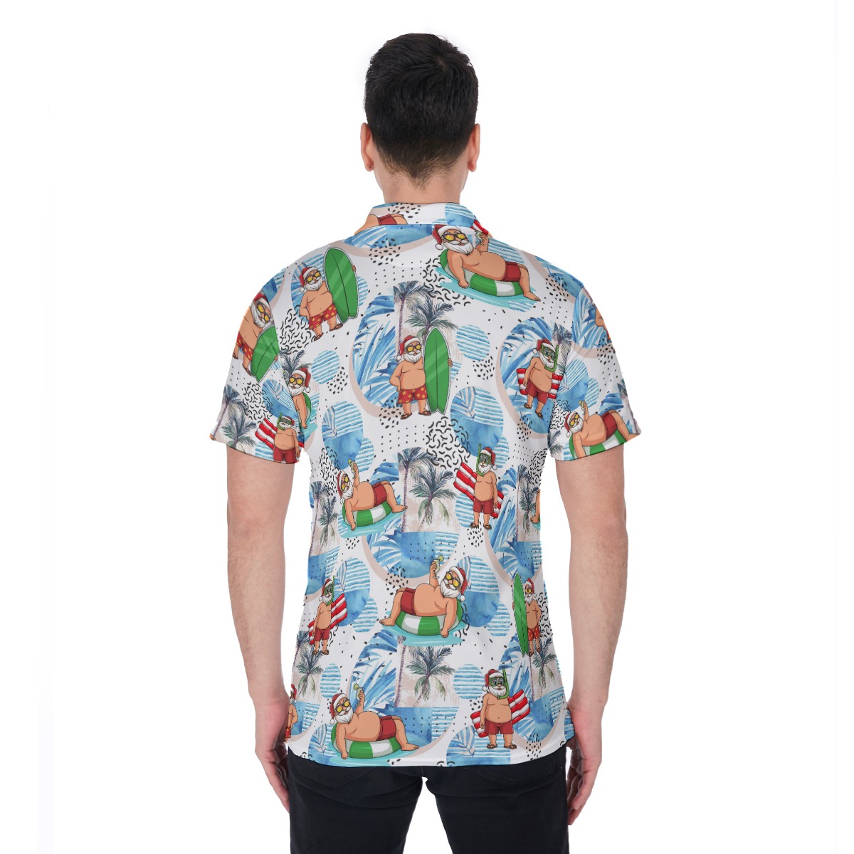 Santa Surfing White Hawaiian Polo Shirt For Men