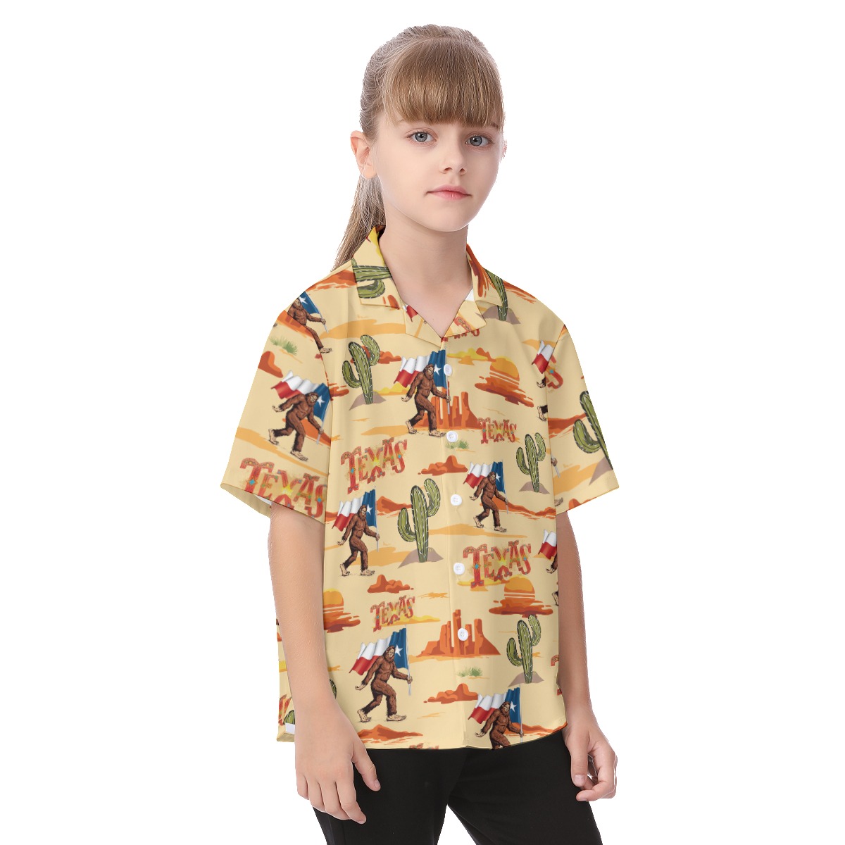 Bigfoot Texas Flag Hawaiian Button Up Shirt For Kids