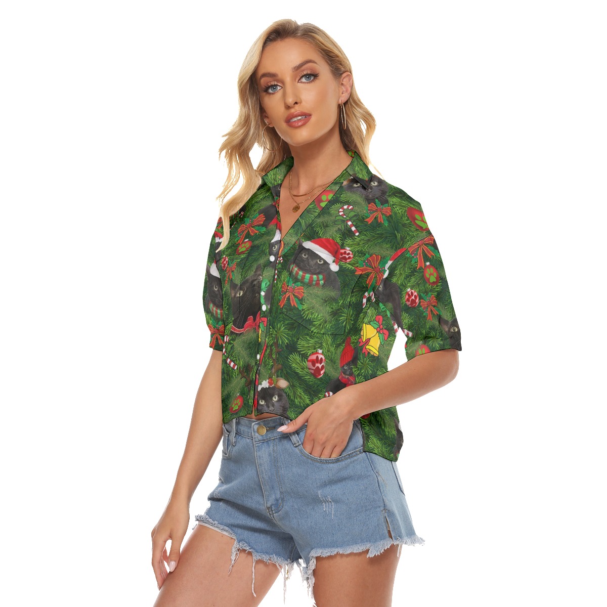 Christmas Black Cat Aloha Crop Top Shirt For Women