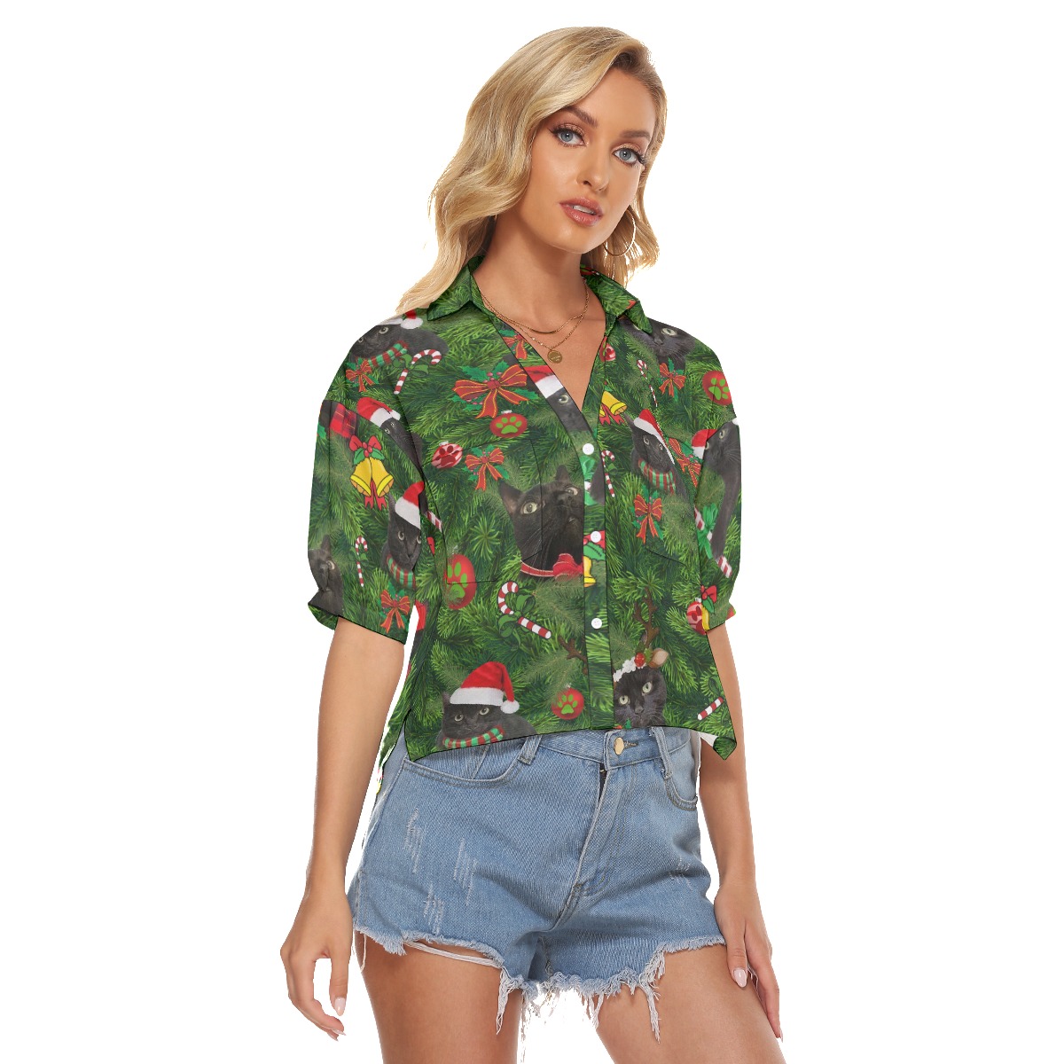 Christmas Black Cat Aloha Crop Top Shirt For Women