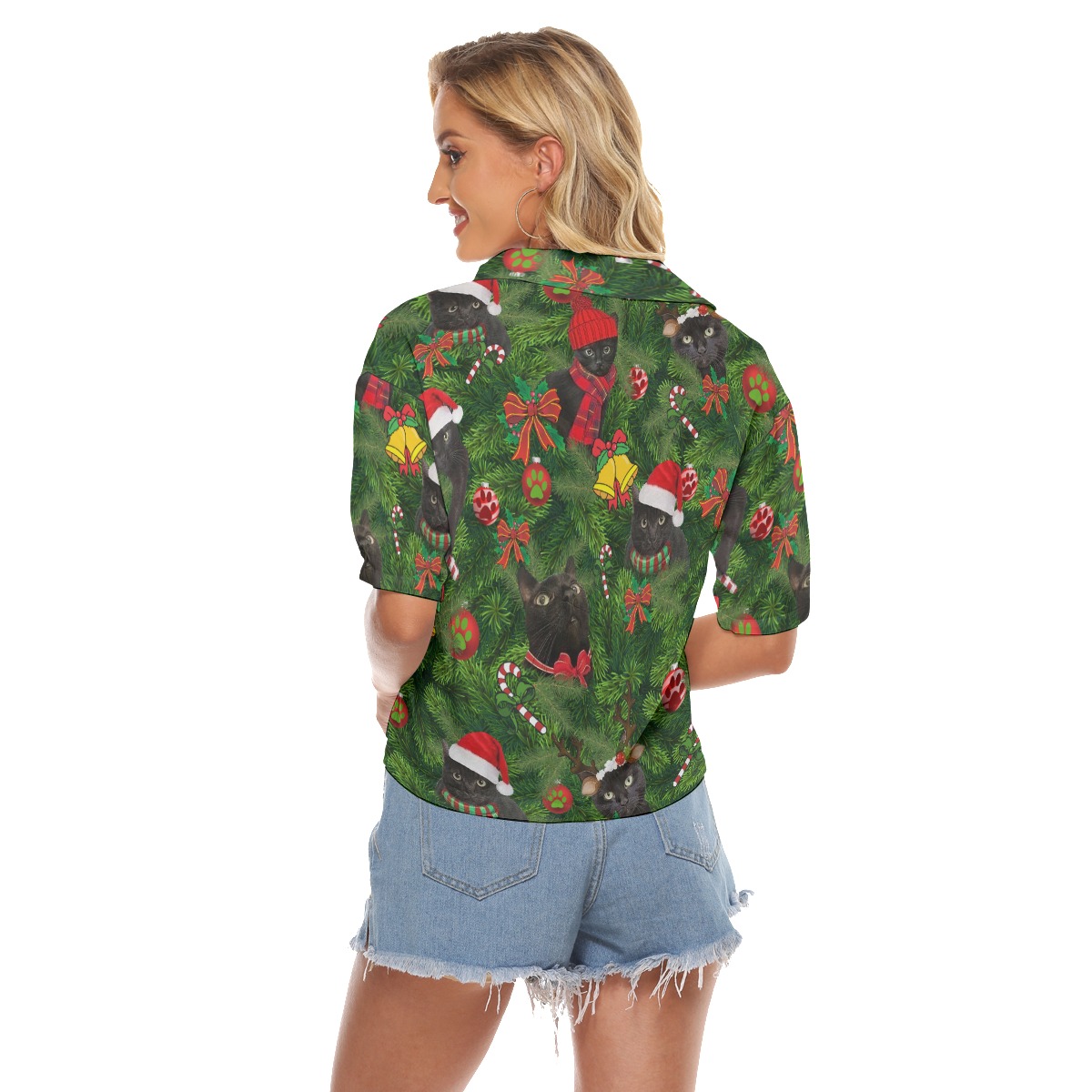 Christmas Black Cat Aloha Crop Top Shirt For Women