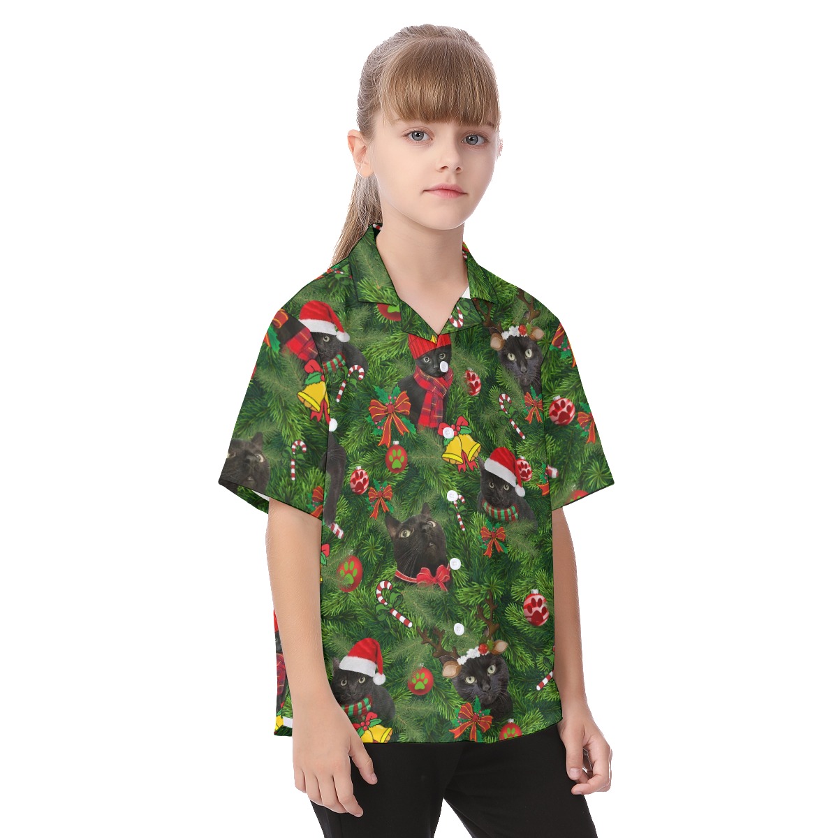 Cute Christmas Black Cat Hawaiian Shirt For Kids