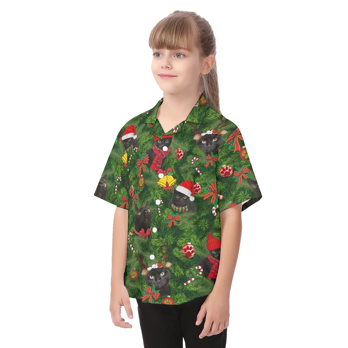 Cute Christmas Black Cat Hawaiian Shirt For Kids