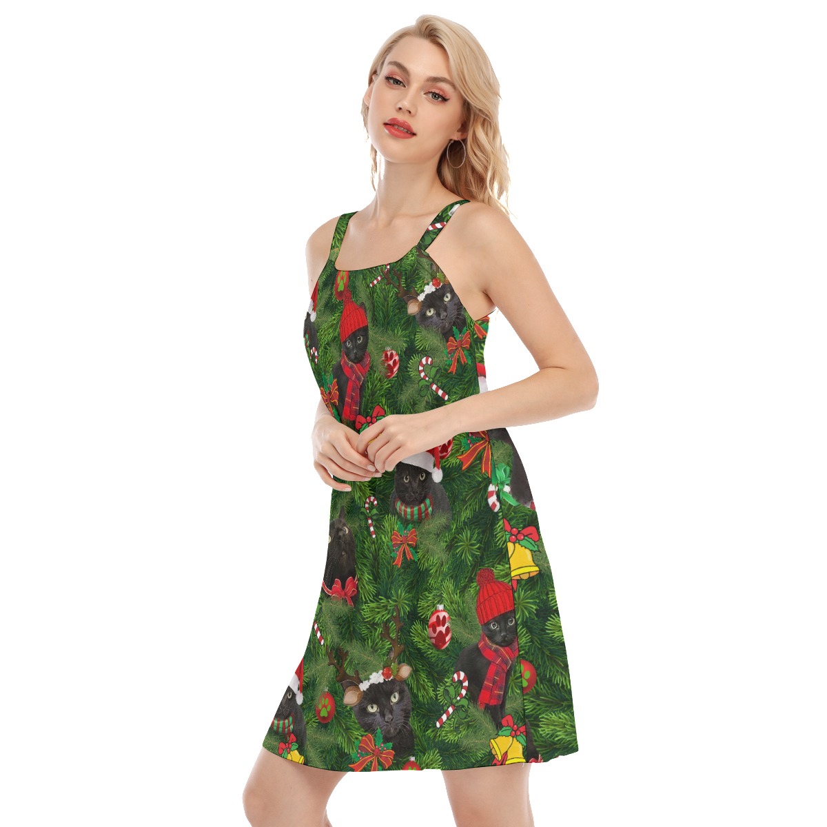 Black Cat With Christmas Hat Aloha Dress