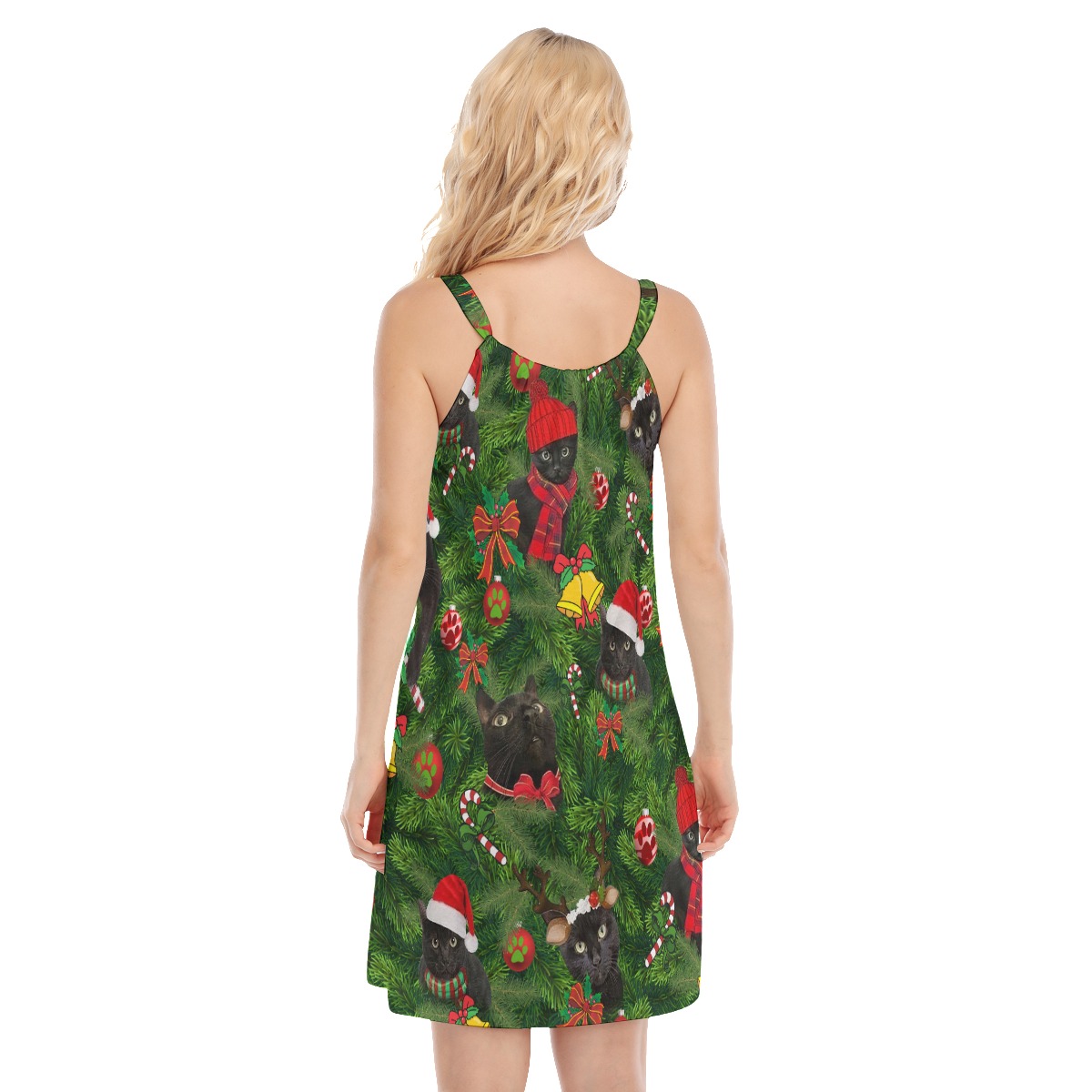 Black Cat With Christmas Hat Aloha Dress
