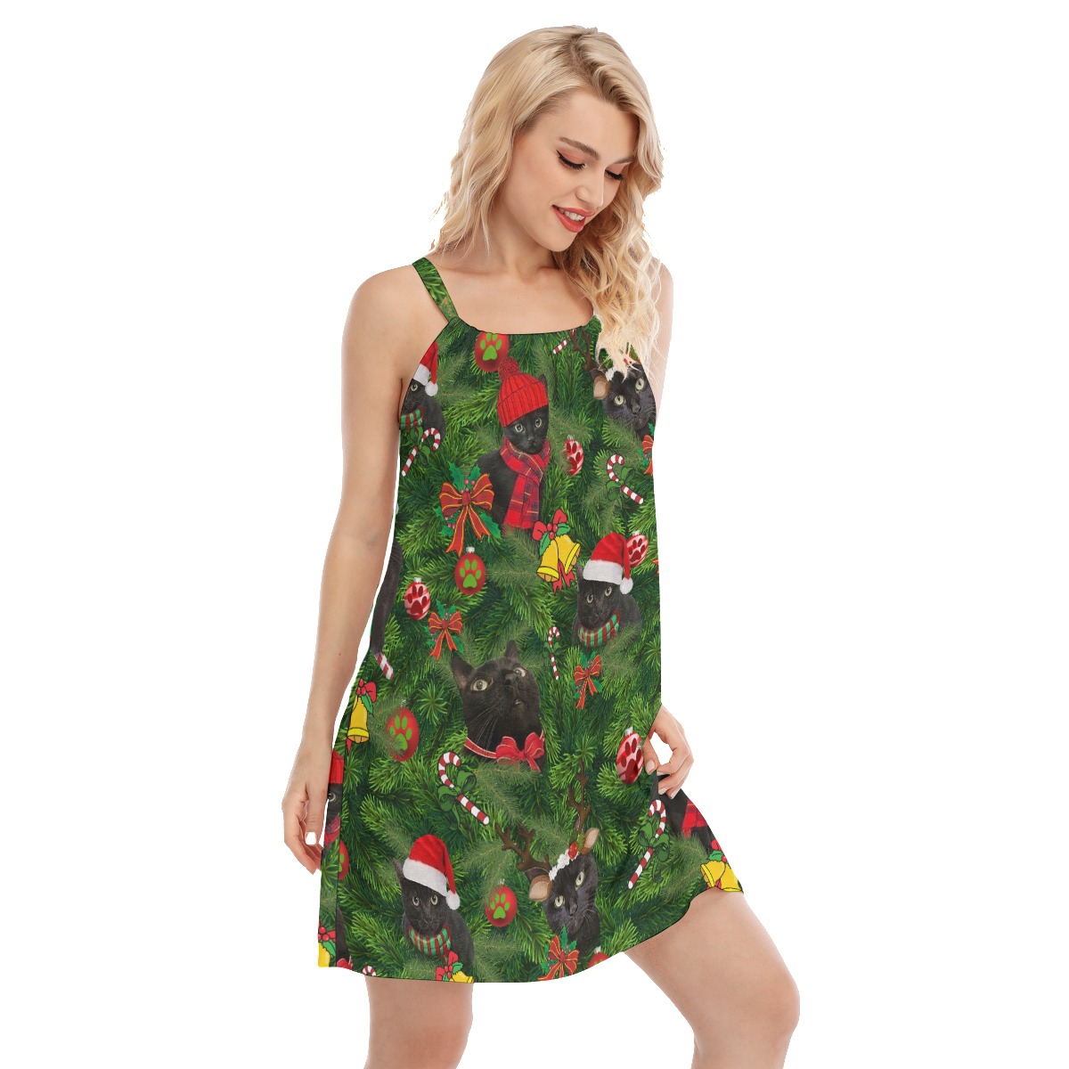 Black Cat With Christmas Hat Aloha Dress