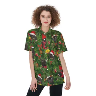 Christmas Black Cat In Tropical Leave Hawaiian Shirt For Women