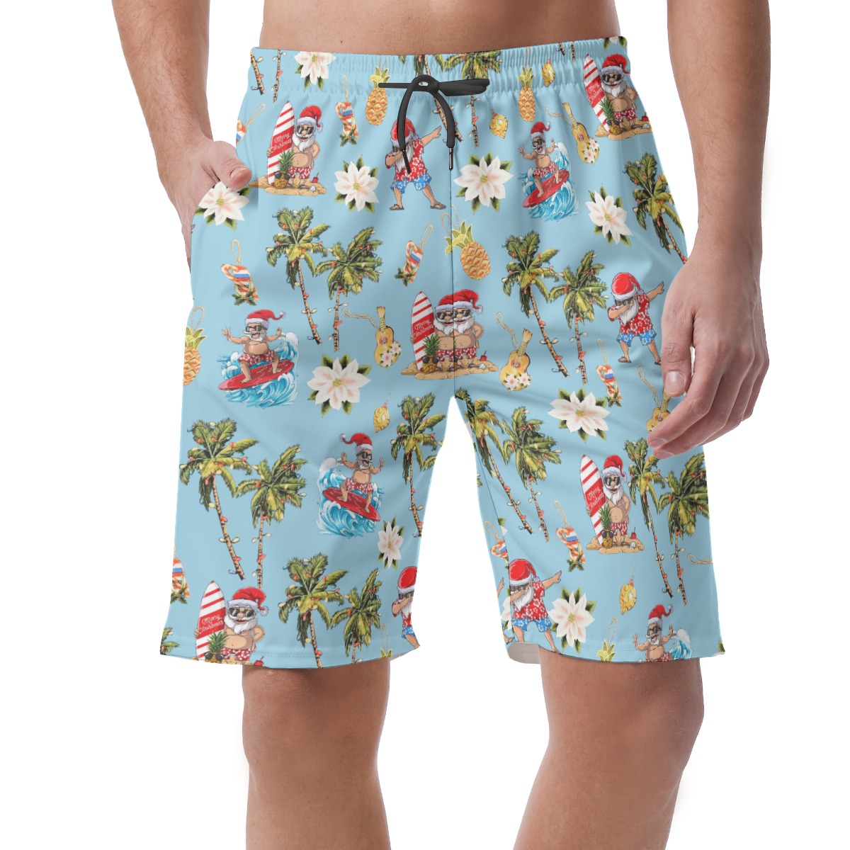 Funny Santa Surfing Blue Hawaiian Beach Shorts For Men - variant image 1
