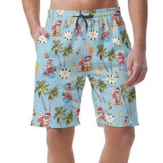 Funny Santa Surfing Blue Hawaiian Beach Shorts For Men