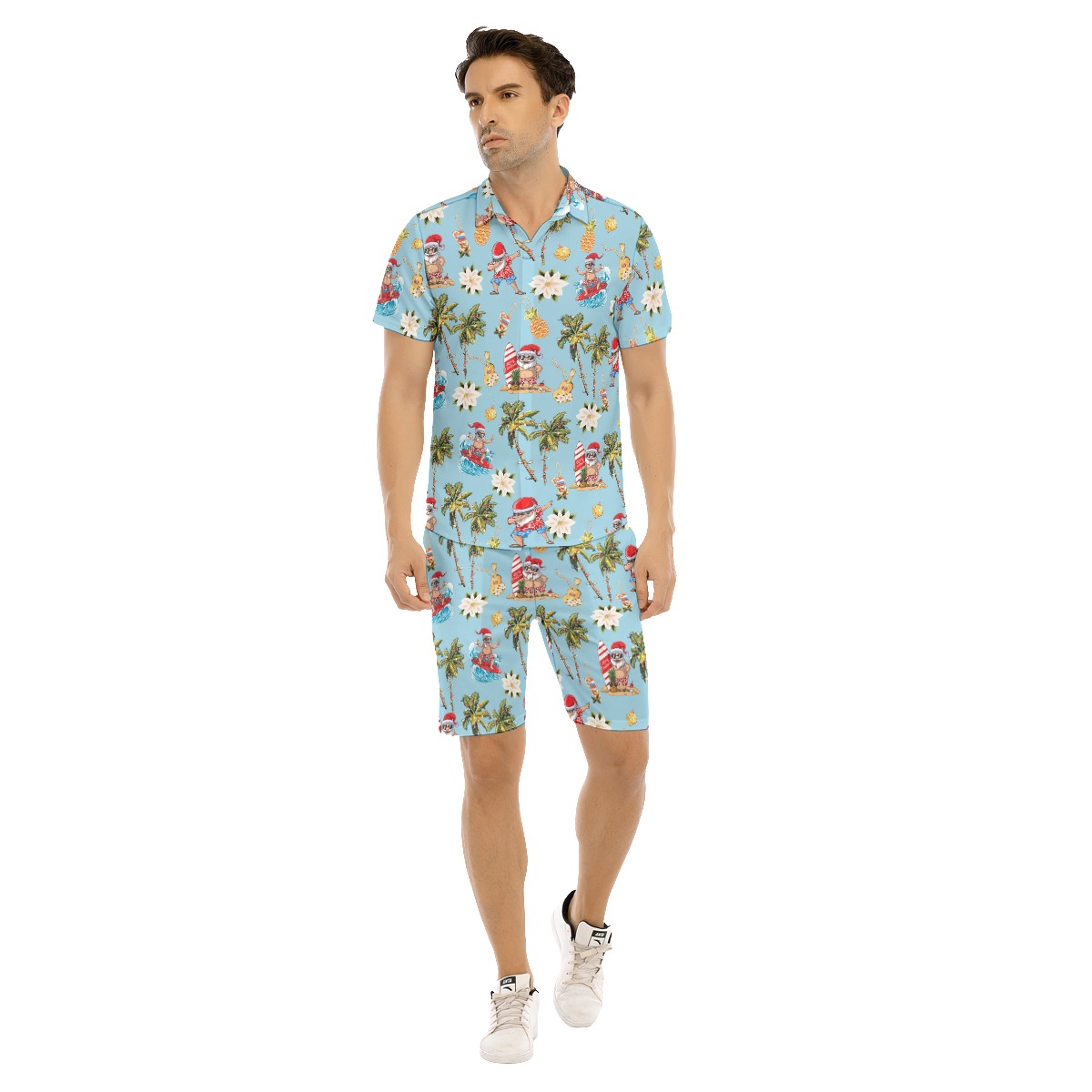 Set Christmas Santa Surfing Aloha Shirt And Shorts For Men - variant image 1