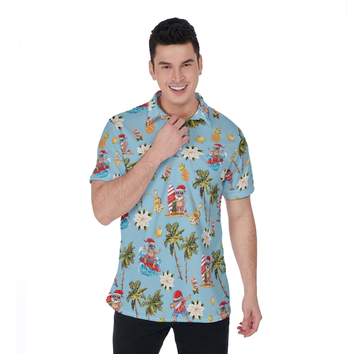 Christmas Santa Surfing Aloha Polo Shirt For Men - variant image 1