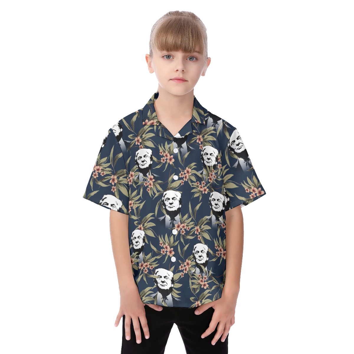 Funny Donald Trump Button Up Hawaiian Shirt For Kids - variant image 1