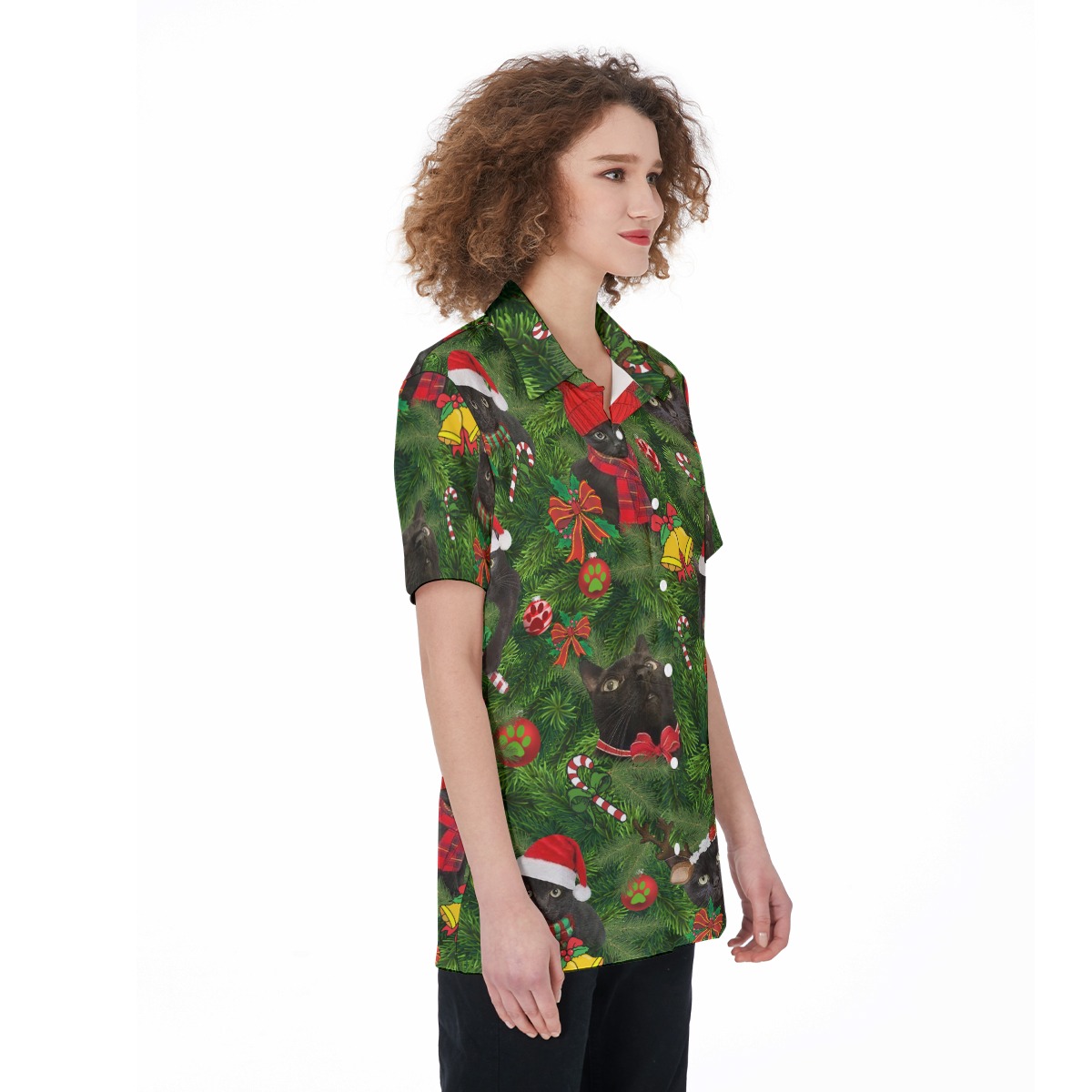 Christmas Black Cat In Tropical Leave Hawaiian Shirt For Women