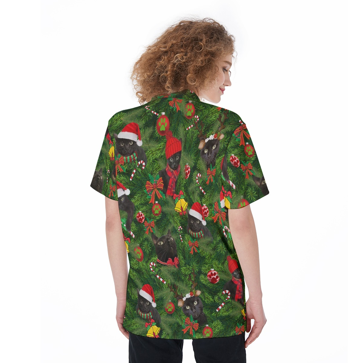 Christmas Black Cat In Tropical Leave Hawaiian Shirt For Women