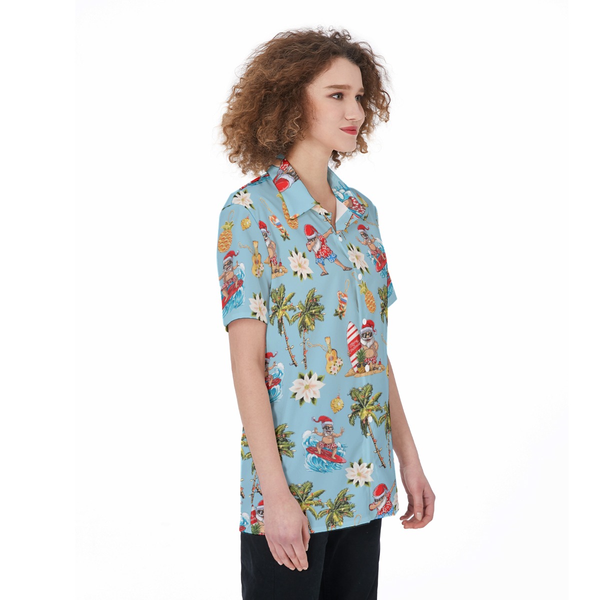 Christmas Santa Surfing Aloha Shirt For Women