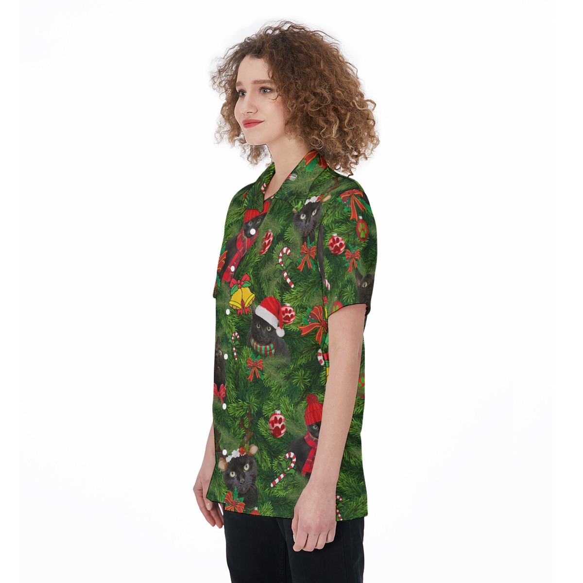 Christmas Black Cat In Tropical Leave Hawaiian Shirt For Women