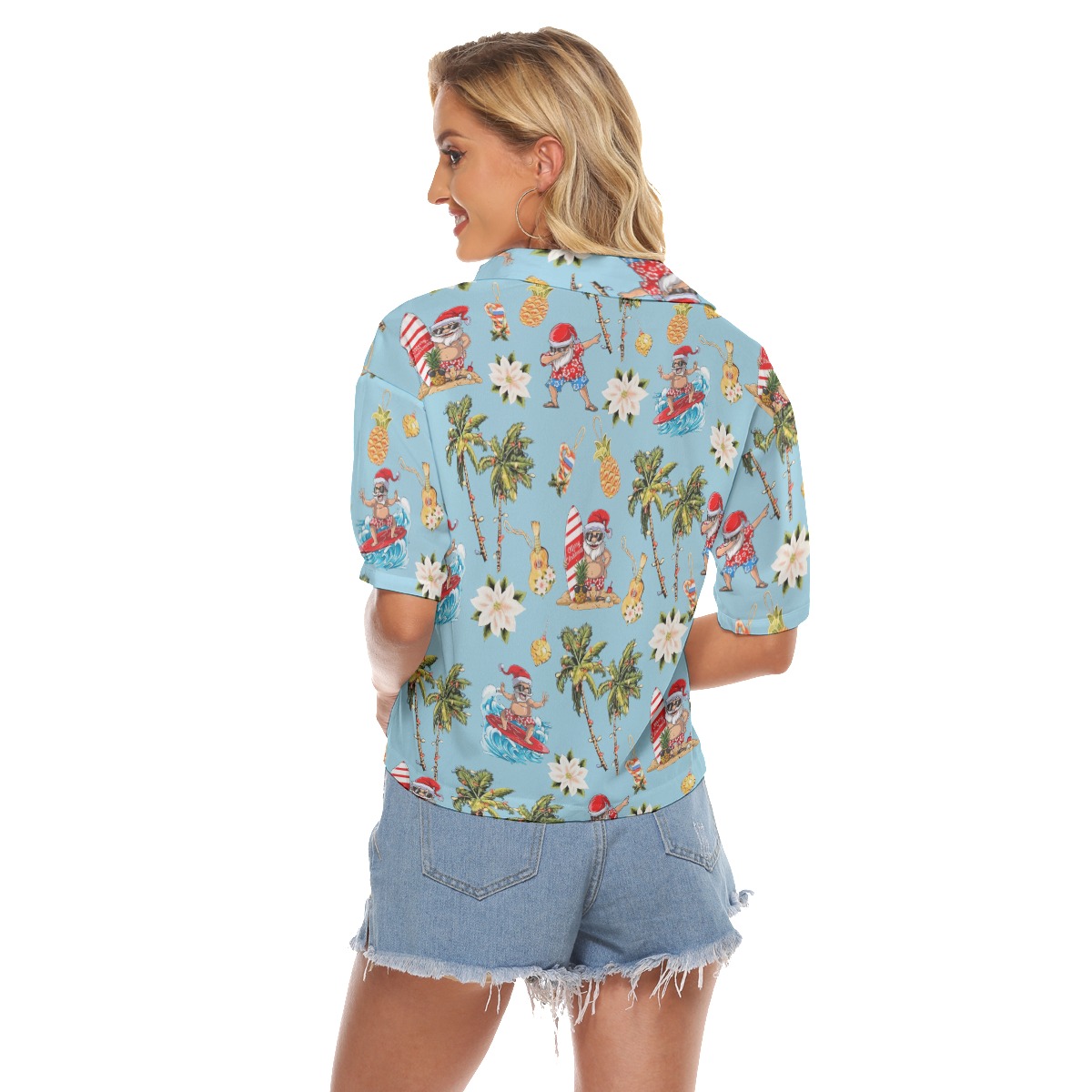 Santa Surfing Blue Hawaiian Crop Top Shirt For Women
